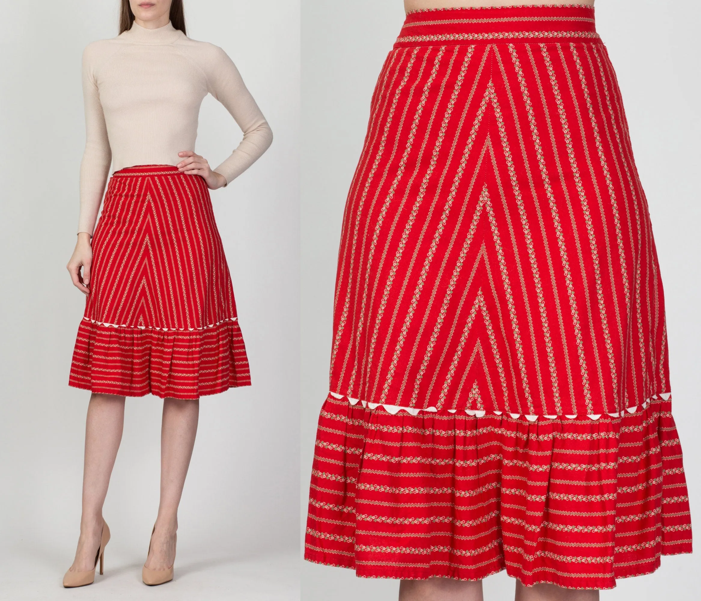70s Red Floral Skirt - Medium, 28"