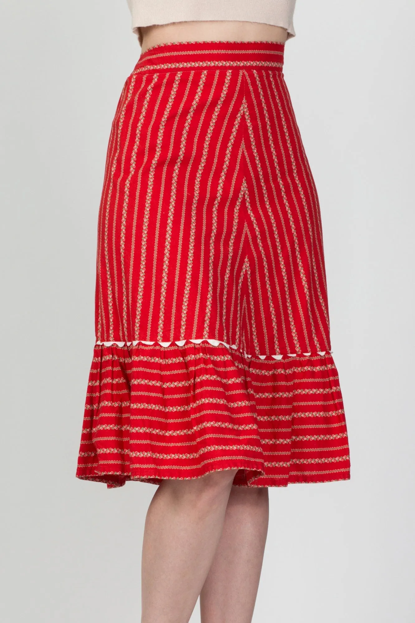 70s Red Floral Skirt - Medium, 28"