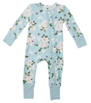 Angel Dear Magnolia Blue Bamboo Ruffle Front Zipper Romper