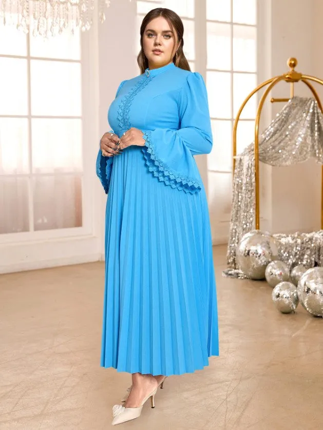 AOMEIDRESS Blue Pleated Maxi Dress Stand Collar Long Flare Sleeves