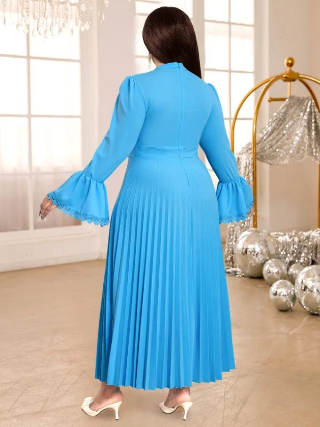 AOMEIDRESS Blue Pleated Maxi Dress Stand Collar Long Flare Sleeves