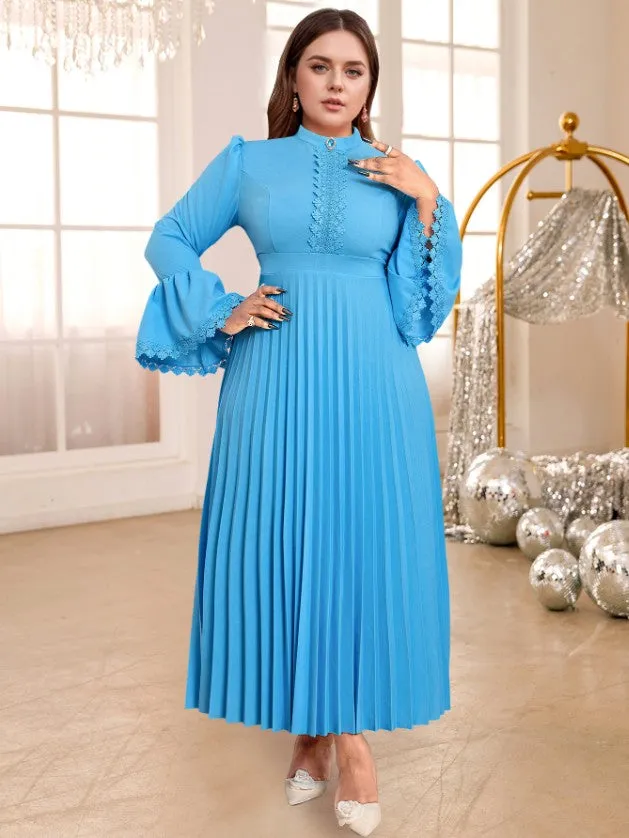 AOMEIDRESS Blue Pleated Maxi Dress Stand Collar Long Flare Sleeves