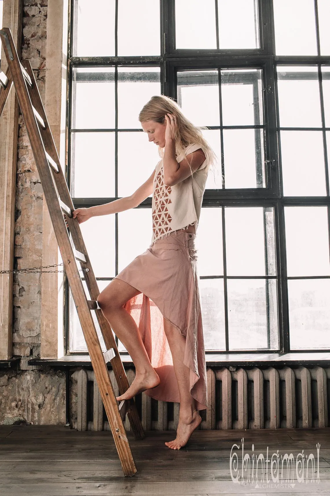 Asymmetric Raw Cotton Skirt with Navajo Pattern Stitches / Atua Tino / Dusty Pink
