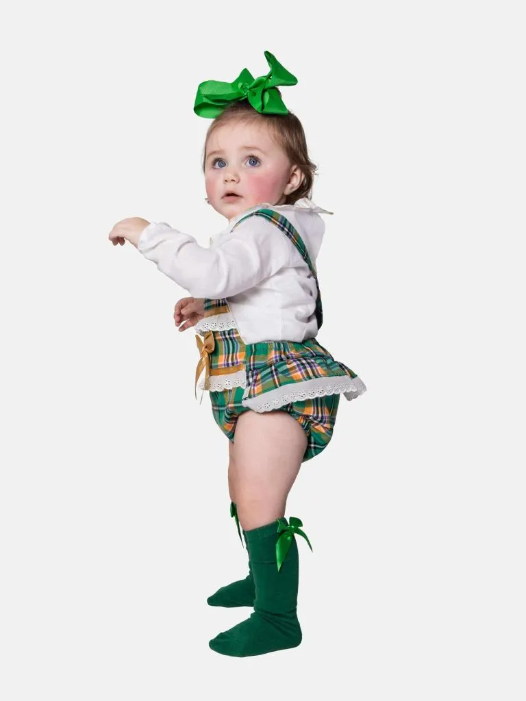 Baby Girl Luxury Tartan Romper - Green with Beige Bow