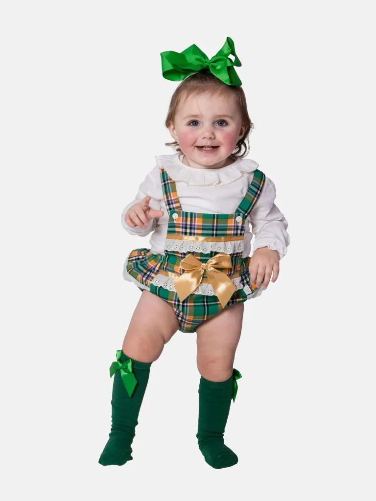 Baby Girl Luxury Tartan Romper - Green with Beige Bow