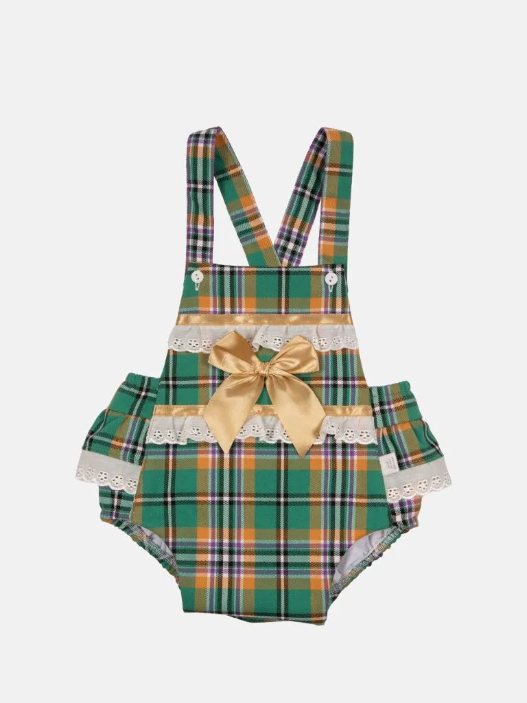 Baby Girl Luxury Tartan Romper - Green with Beige Bow