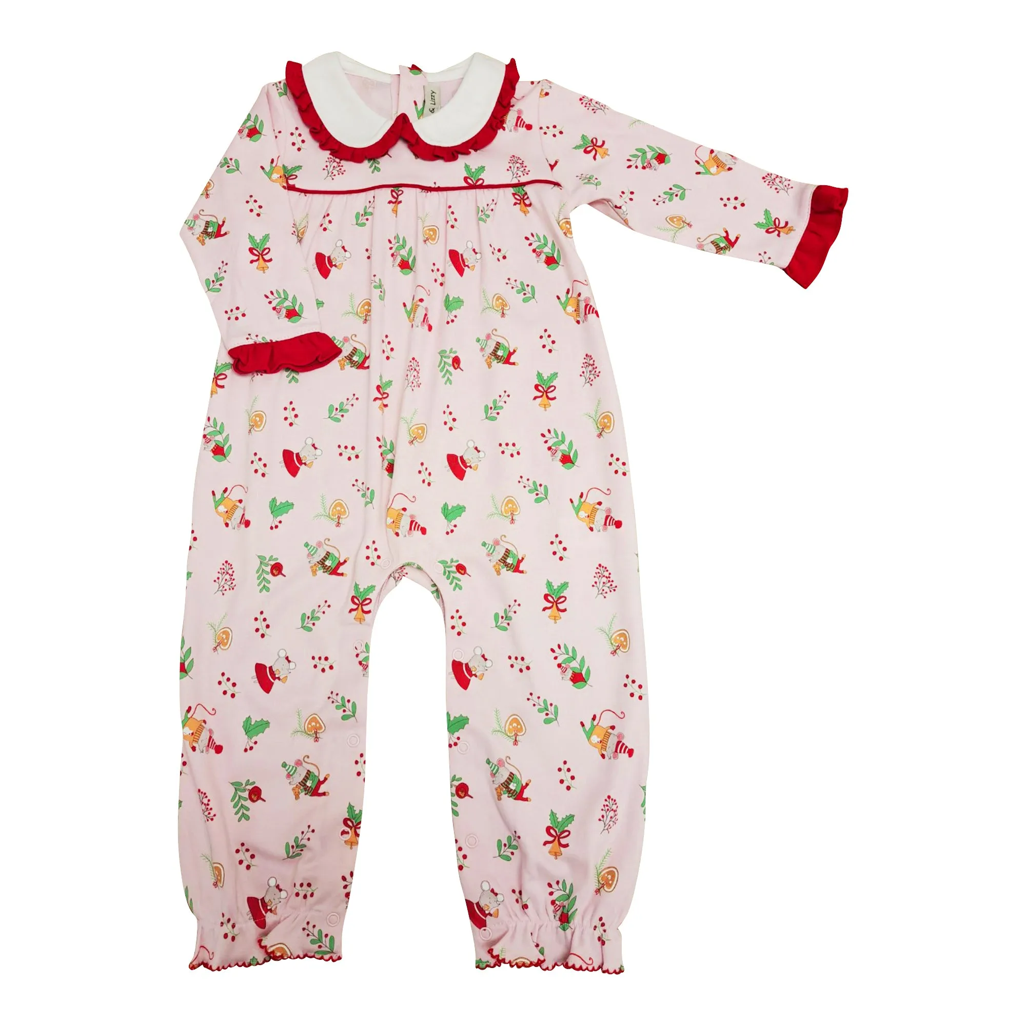 Baby Girl's "Christmas Mice" Pima Cotton Romper