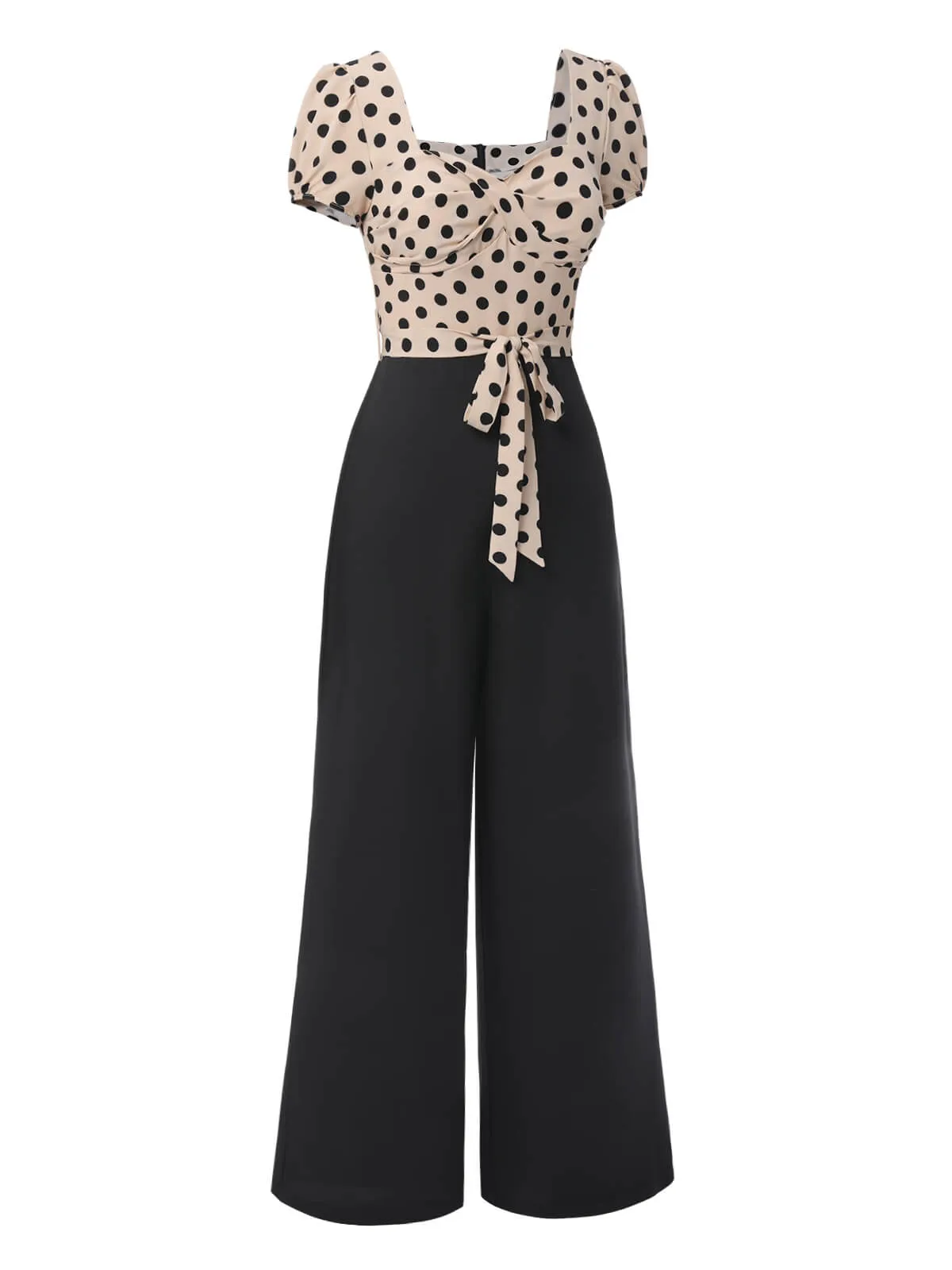 Beige 1930s Polka Dots Sweetheart Neck Jumpsuit