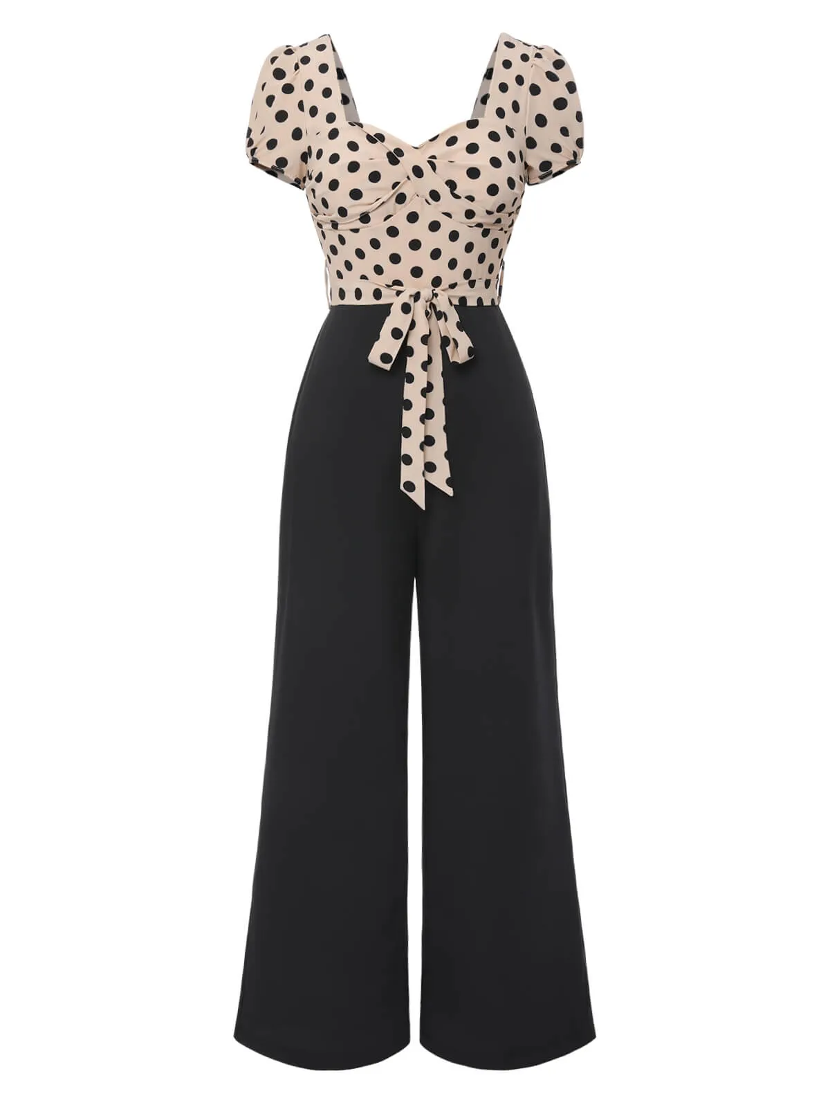 Beige 1930s Polka Dots Sweetheart Neck Jumpsuit