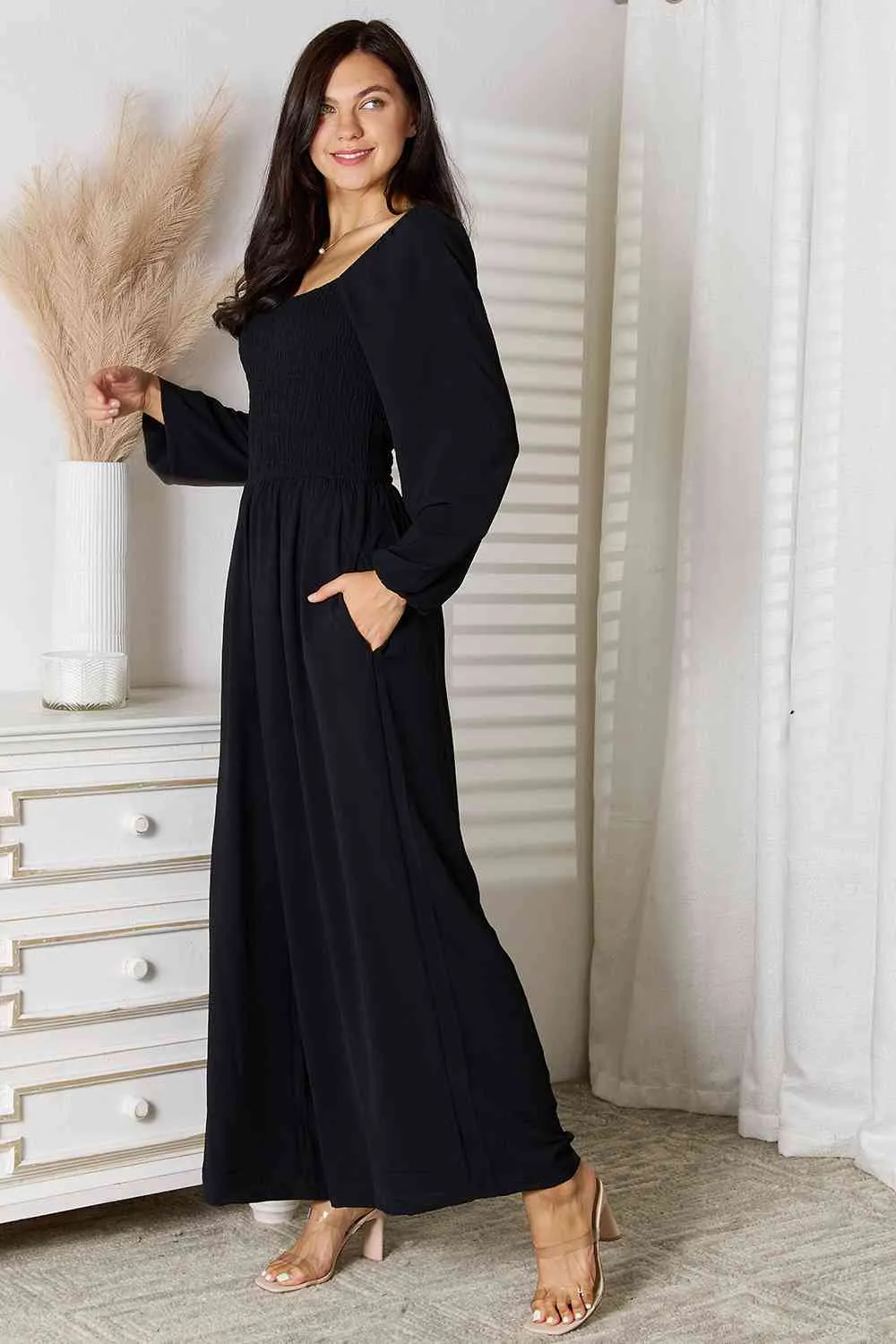 Black Square Neck Jumpsuit with Pockets