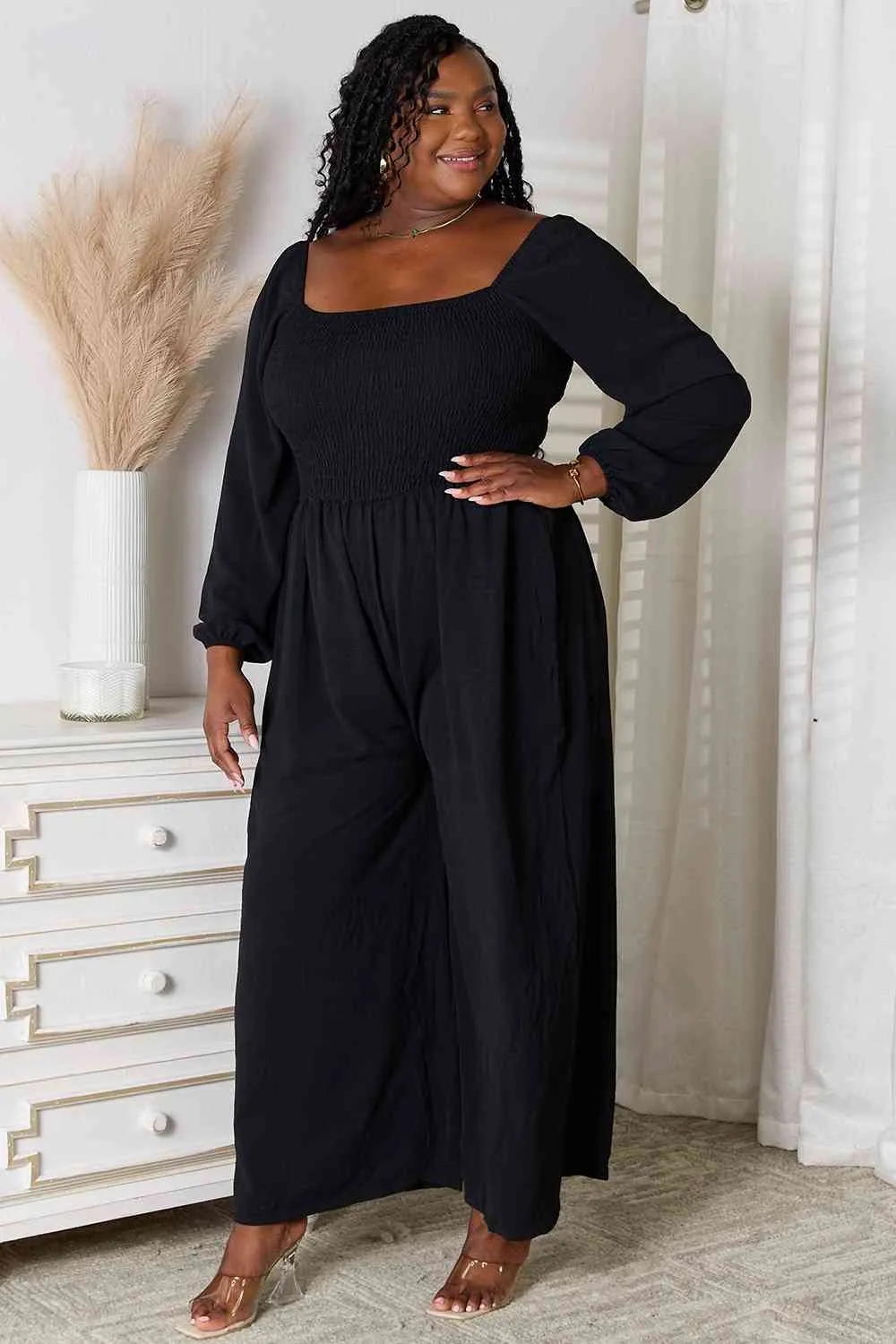 Black Square Neck Jumpsuit with Pockets