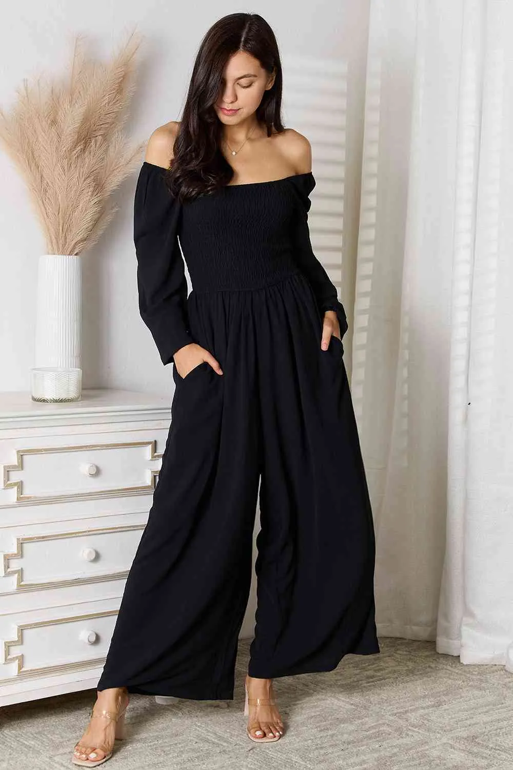 Black Square Neck Jumpsuit with Pockets