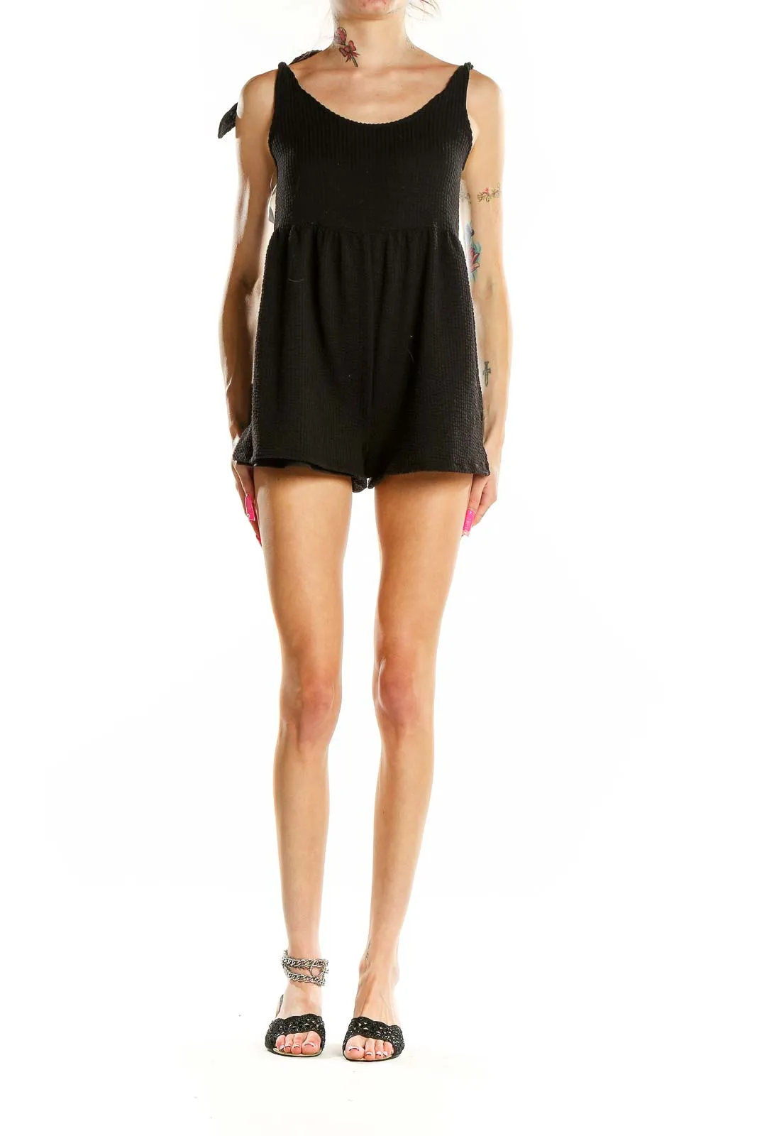 Black Textured Sleeveless Romper