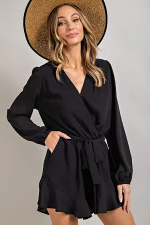 Black V-neck Waist Tie Romper