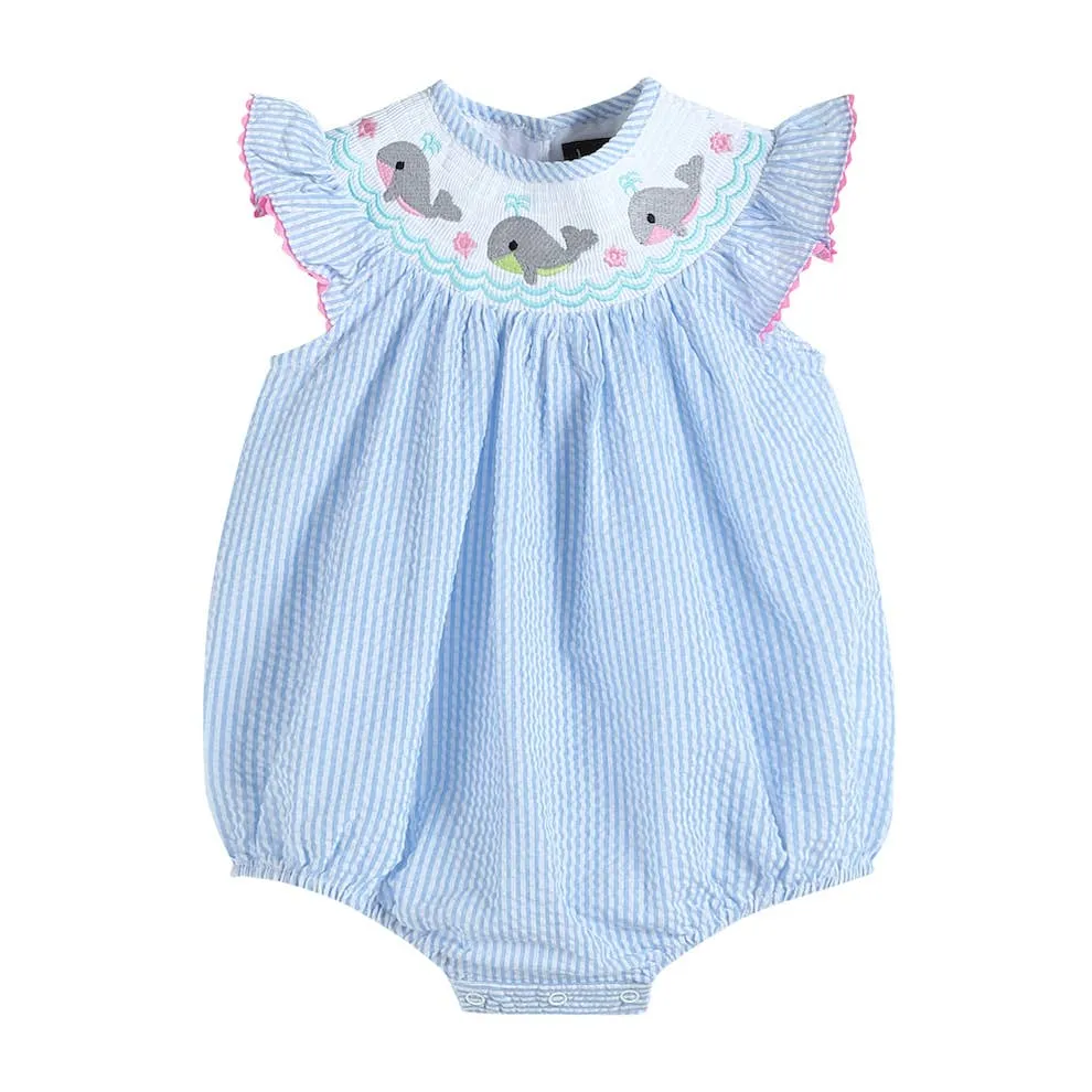 Blue Stripe Smocked Whale Romper