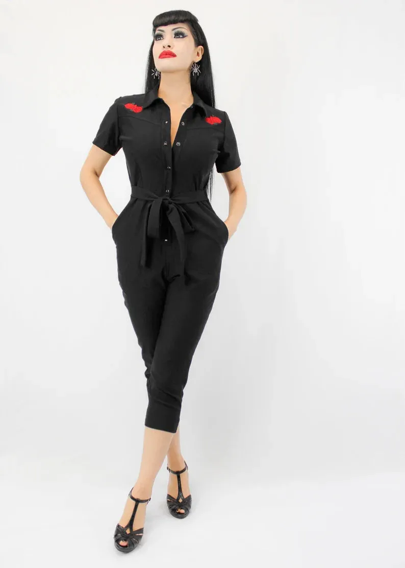 Capri Pin Up Red Rose Jumpsuit, One Piece Black Play Suit