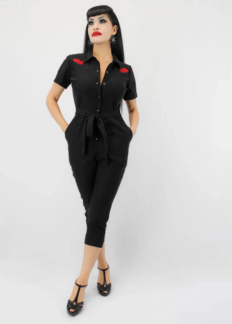Capri Pin Up Red Rose Jumpsuit, One Piece Black Play Suit