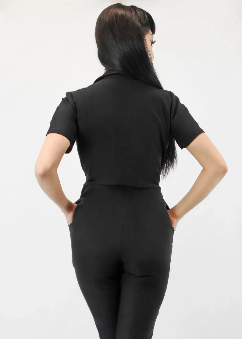 Capri Pin Up Red Rose Jumpsuit, One Piece Black Play Suit