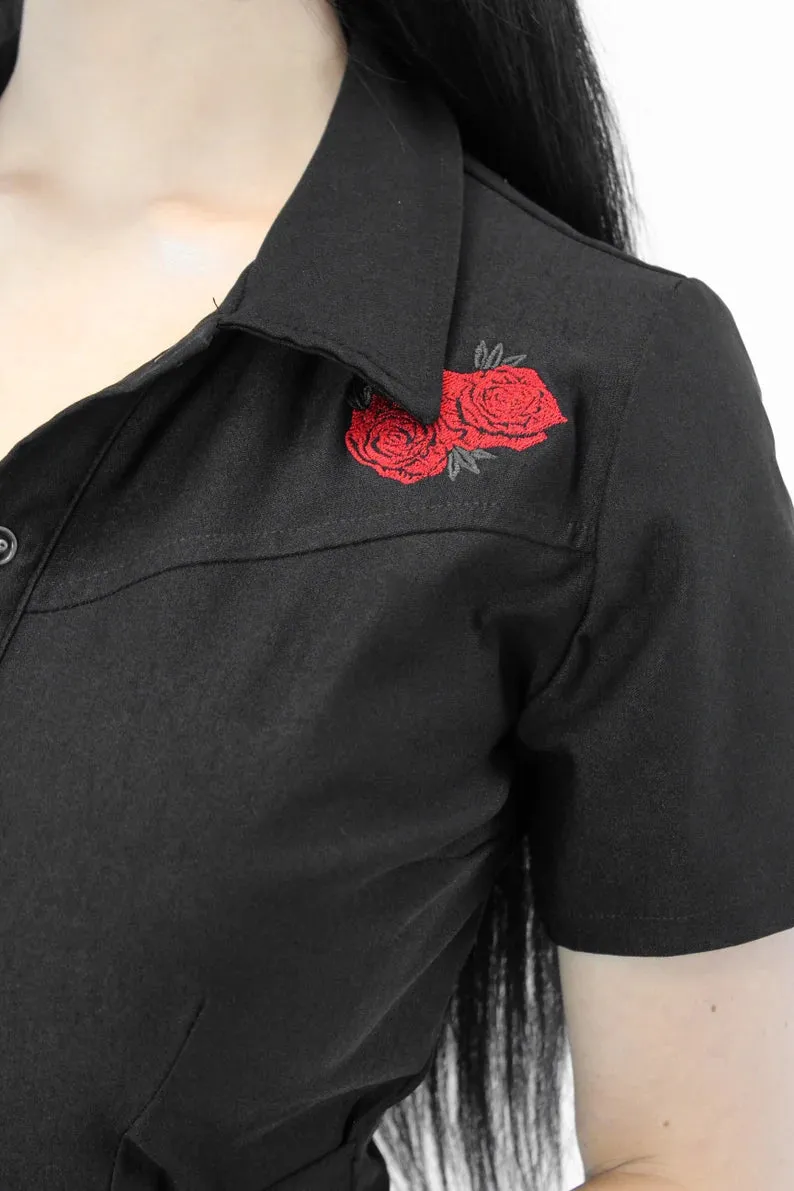 Capri Pin Up Red Rose Jumpsuit, One Piece Black Play Suit