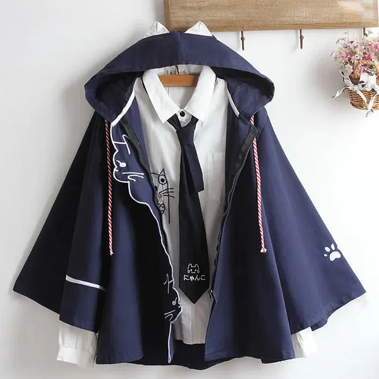 Cartoon Cat Paws Embroidery Zipper Hoodie Coat