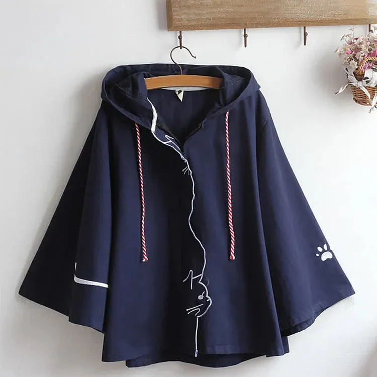 Cartoon Cat Paws Embroidery Zipper Hoodie Coat