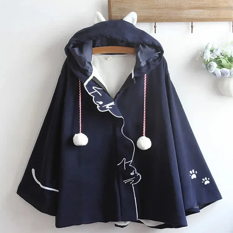Cartoon Cat Paws Embroidery Zipper Hoodie Coat