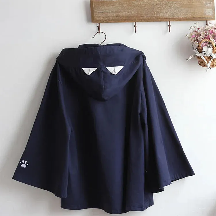 Cartoon Cat Paws Embroidery Zipper Hoodie Coat