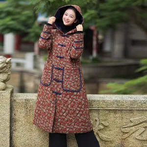 Casual floral hooded winter long women's cotton coat