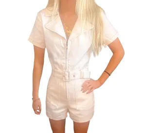 Chic White Denim Zip-Front Romper