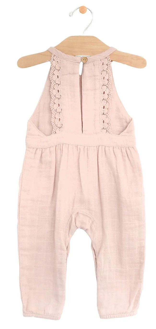 City Mouse Muslin Lace Back Romper - Peach Blossom