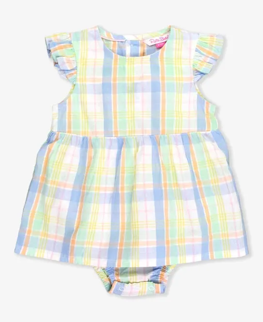 Clubhouse Rainbow Plaid Flutter Sleeve Skirted Romper
