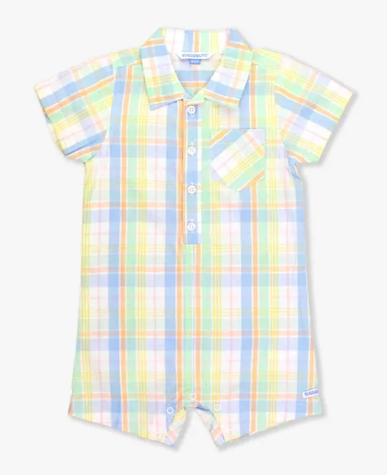 Clubhouse Rainbow Plaid Short Sleeve Woven Button-Up Romper