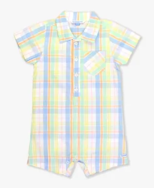 Clubhouse Rainbow Plaid Short Sleeve Woven Button-Up Romper
