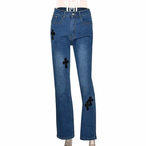 Cross Printed Baggy Jeans Low Waist Straight Denim Trousers