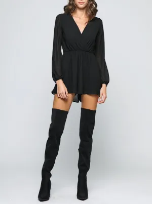 Eleanor Chiffon Long Sleeve Ballerina Romper in Black