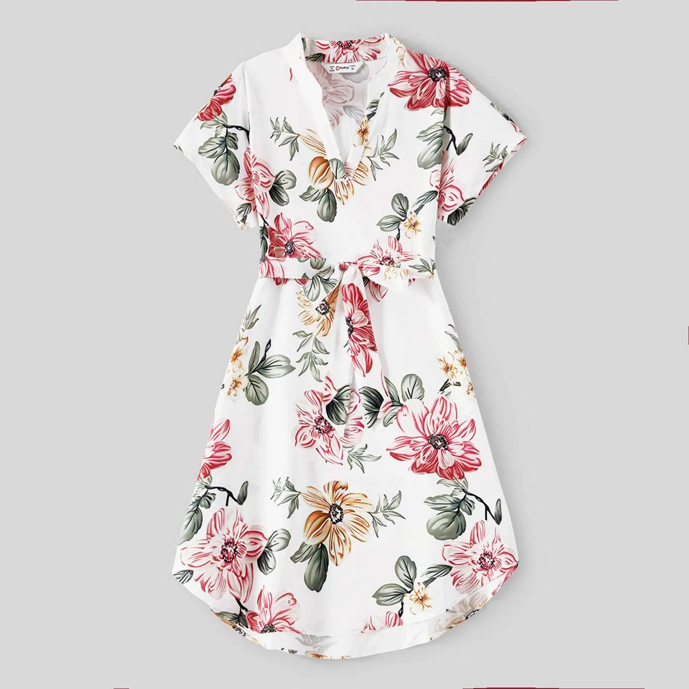 Family Matching Allover Floral Print Notched Neck Belted Dresses and Short-sleeve Colorblock T-shirts Sets