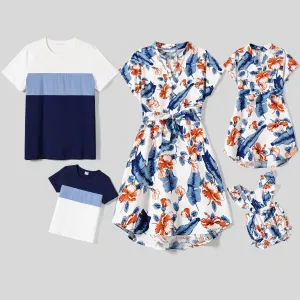Family Matching Allover Floral Print Notched Neckline Belted Dresses and Cotton Colorblock Short-sleeve T-shirts Sets