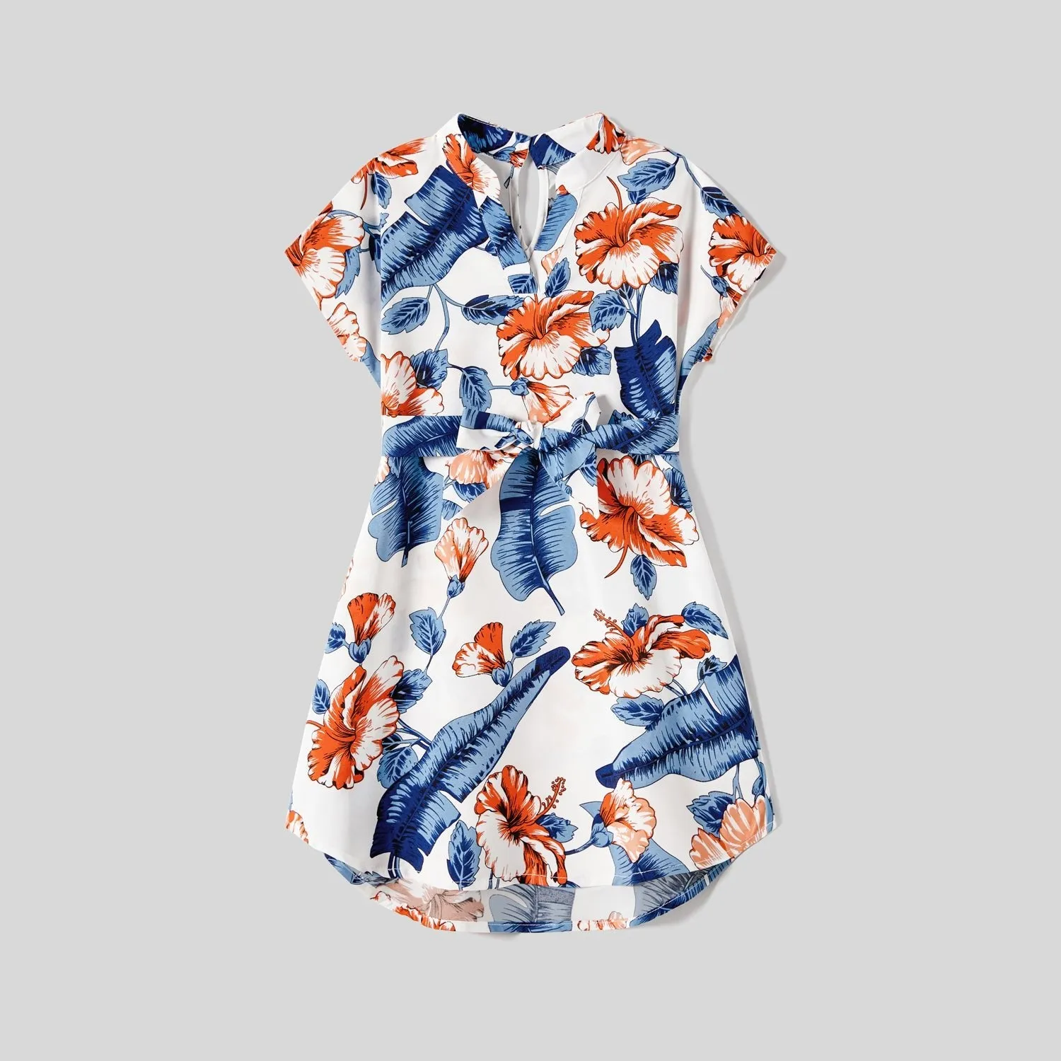 Family Matching Allover Floral Print Notched Neckline Belted Dresses and Cotton Colorblock Short-sleeve T-shirts Sets