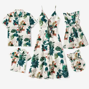 Family Matching Allover Plant Floral Print Dresses and Short-sleeve Shirts Sets