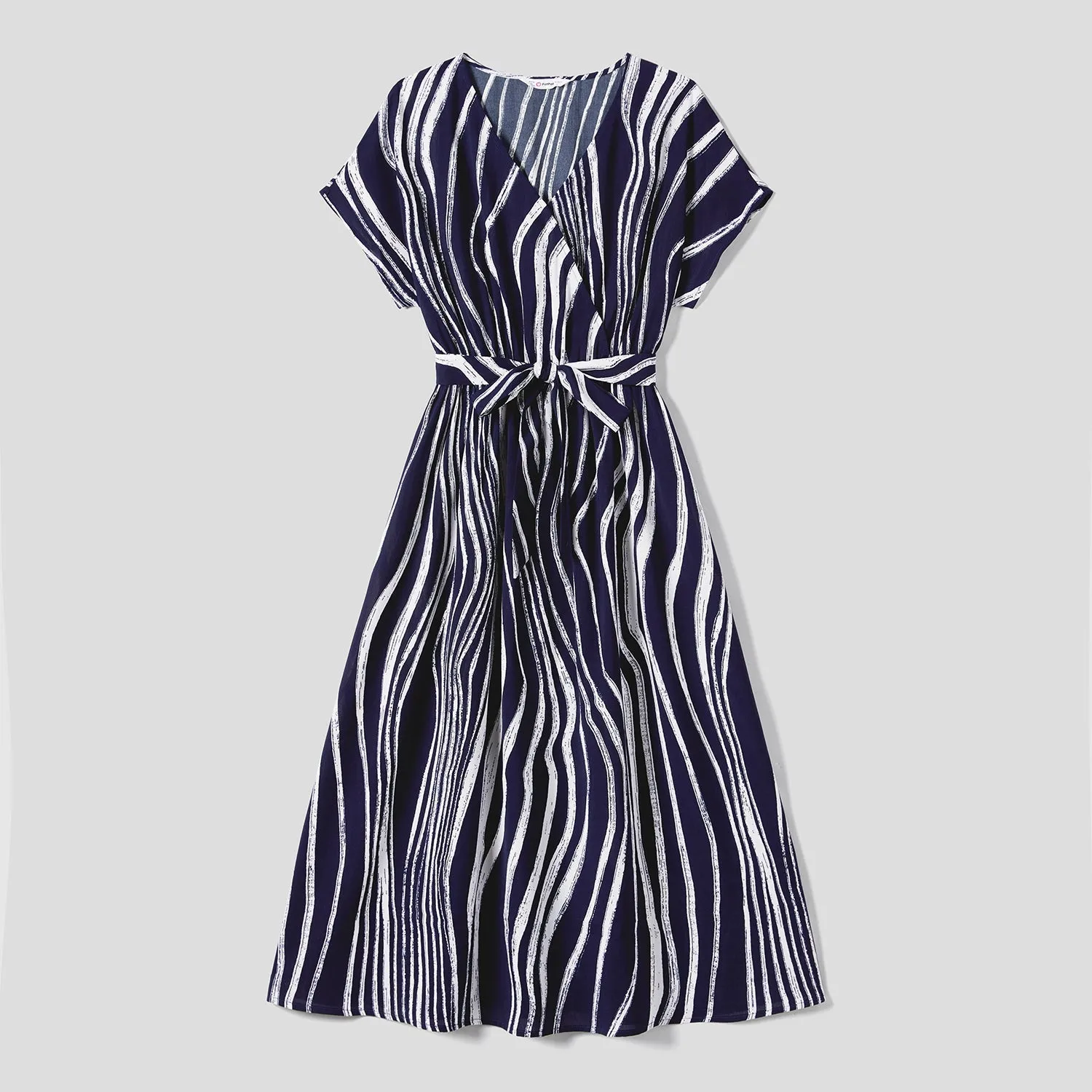 Family Matching Belted Striped Short-sleeve Dresses and Cotton Colorblock Short-sleeve T-shirts Sets