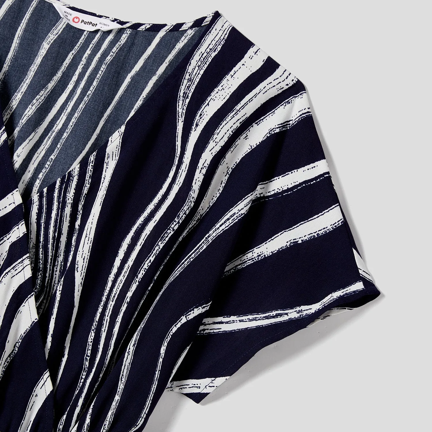 Family Matching Belted Striped Short-sleeve Dresses and Cotton Colorblock Short-sleeve T-shirts Sets