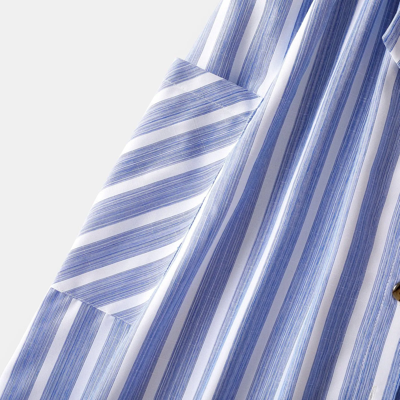 Family Matching Blue Striped V Neck Drop Shoulder Button Up Belted Dresses and Short-sleeve T-shirts Sets