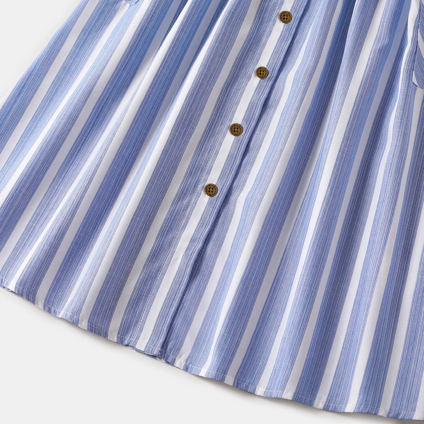 Family Matching Blue Striped V Neck Drop Shoulder Button Up Belted Dresses and Short-sleeve T-shirts Sets