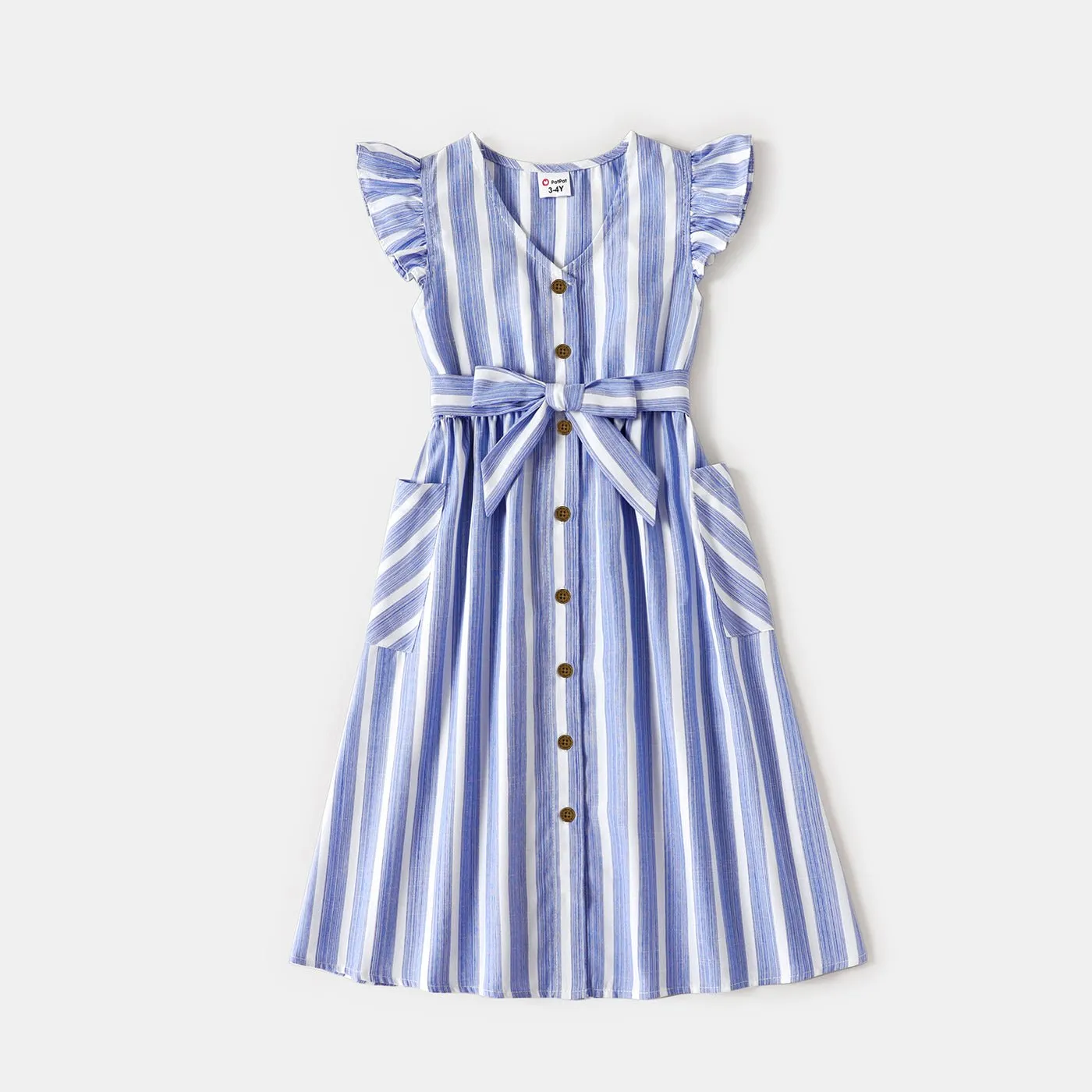 Family Matching Blue Striped V Neck Drop Shoulder Button Up Belted Dresses and Short-sleeve T-shirts Sets
