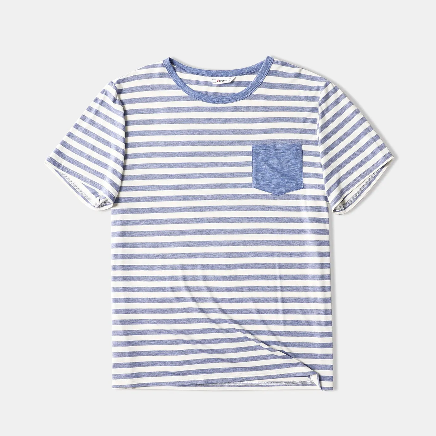 Family Matching Blue Striped V Neck Drop Shoulder Button Up Belted Dresses and Short-sleeve T-shirts Sets