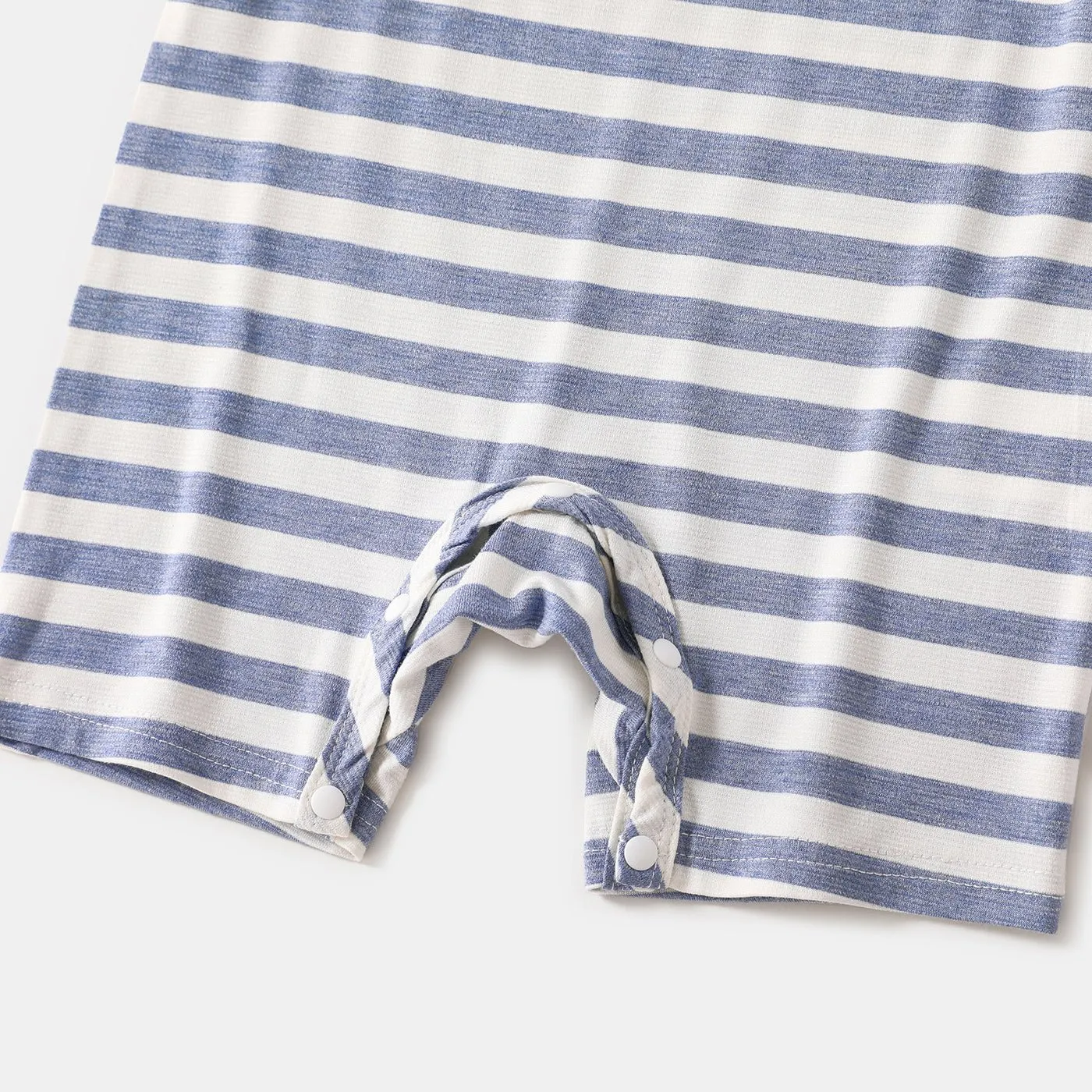 Family Matching Blue Striped V Neck Drop Shoulder Button Up Belted Dresses and Short-sleeve T-shirts Sets