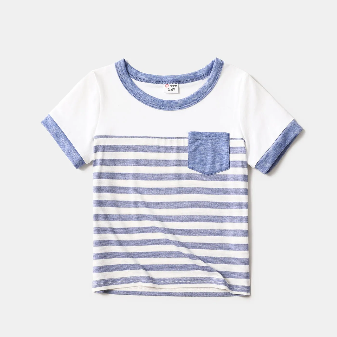 Family Matching Blue Striped V Neck Drop Shoulder Button Up Belted Dresses and Short-sleeve T-shirts Sets