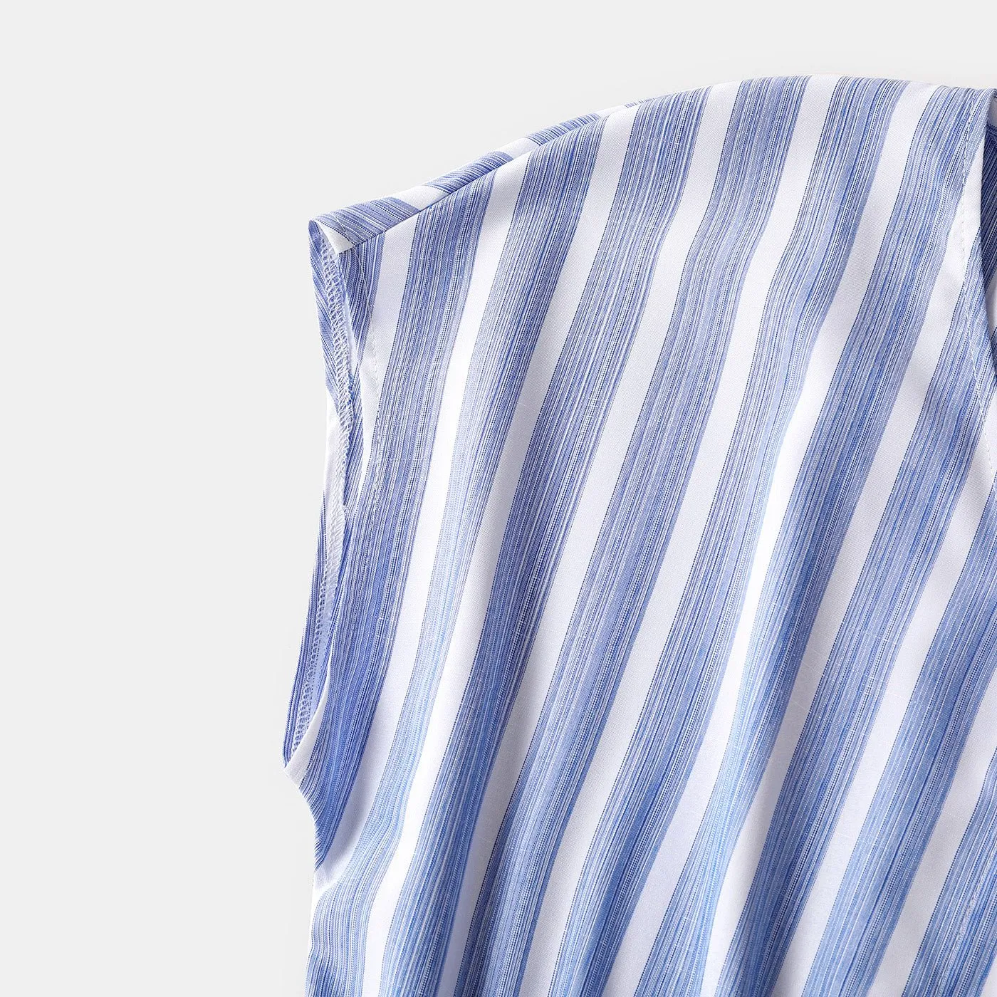 Family Matching Blue Striped V Neck Drop Shoulder Button Up Belted Dresses and Short-sleeve T-shirts Sets
