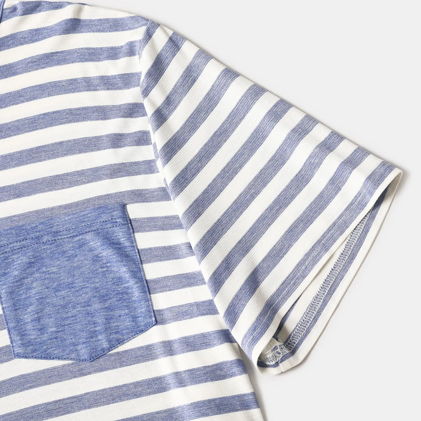 Family Matching Blue Striped V Neck Drop Shoulder Button Up Belted Dresses and Short-sleeve T-shirts Sets