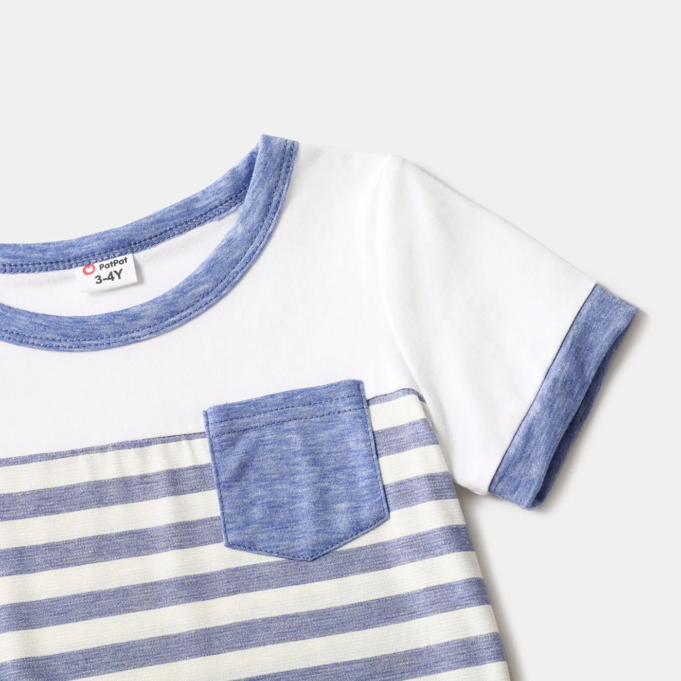 Family Matching Blue Striped V Neck Drop Shoulder Button Up Belted Dresses and Short-sleeve T-shirts Sets